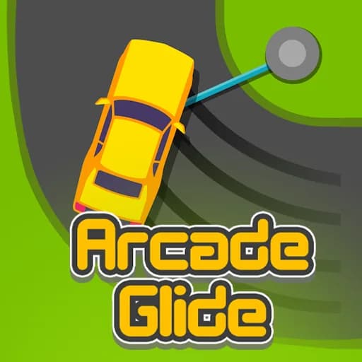 Arcade Glide thumbnail showing a yellow cartoon car drifting along a curved grey road seen from above against bright green grass