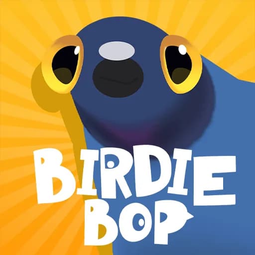 Birdie Bop thumbnail showing a big-eyed blue cartoon pigeon close-up against a bright yellow sunburst background