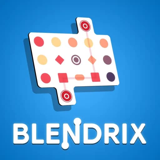 Blendrix thumbnail showing colorful dots, diamonds and bullseye shapes on a white puzzle board against a bright blue background