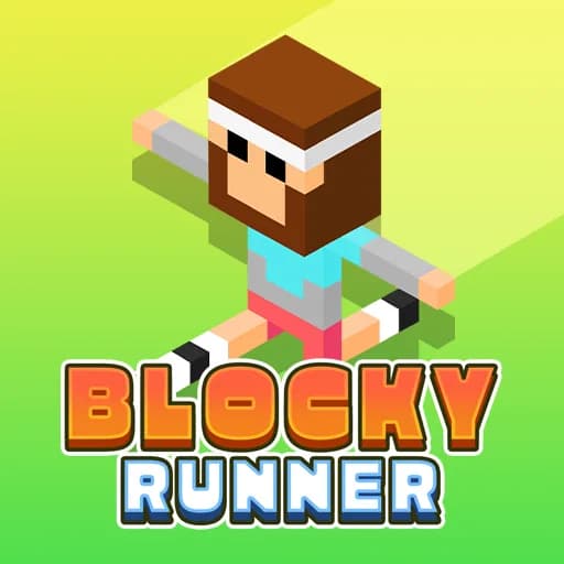 Blocky Runner thumbnail showing a voxel-style runner with a white headband sprinting across a bright yellow-green gradient background