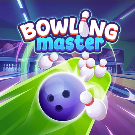 Bowling Master thumbnail showing a purple bowling ball racing toward white pins down a bright green lane in a neon-lit alley