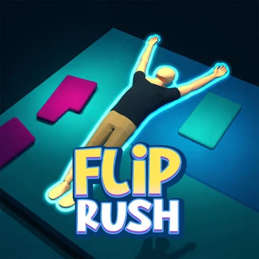 Flip Rush thumbnail showing a 3D cartoon athlete lying flat on a cyan platform surrounded by pink and green floating blocks