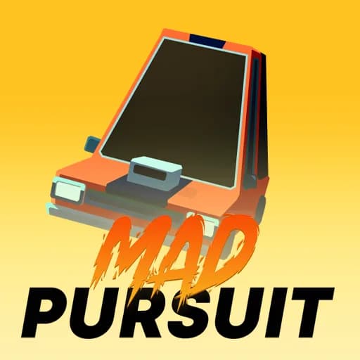 Mad Pursuit thumbnail showing a low-poly orange police car tilting in the air against a yellow gradient background