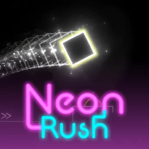 Neon Rush thumbnail showing a glowing yellow cube with a light trail against a deep purple gradient background