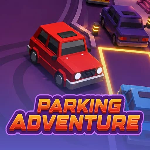 Parking Adventure thumbnail showing a red car with a sunroof parked on glowing yellow parking lines against a purple gradient background