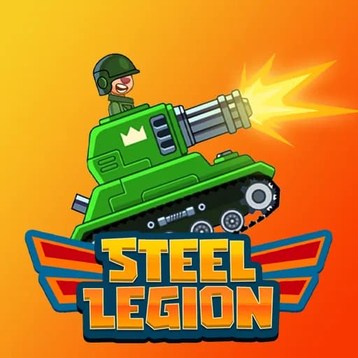 Steel Legion thumbnail showing a cartoon green tank firing a blast of yellow flame with a helmeted smiling soldier in the hatch