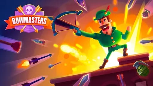 Bowmasters thumbnail showing a cartoon archer firing a projectile in an arc across a duel arena