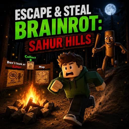 Escape: Steal Brainrot Sahur Hills thumbnail showing a grassy hillside path with the Tung Sahur character patrolling