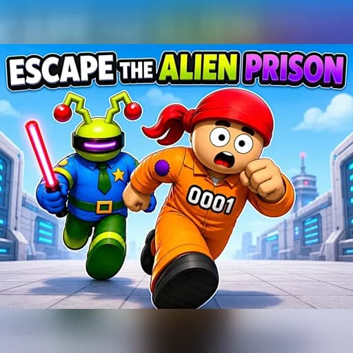 Escape the Alien Prison thumbnail showing an orange-jumpsuit prisoner running from an alien guard with a laser baton