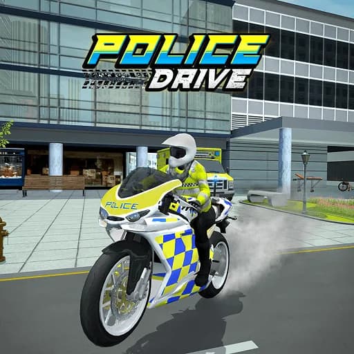 Police Drive thumbnail showing an officer on a white and blue checkered police motorbike in front of a glass city building