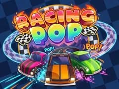 Racing Pop thumbnail showing a small cartoon car speeding along a bright 3D track dotted with boost pads