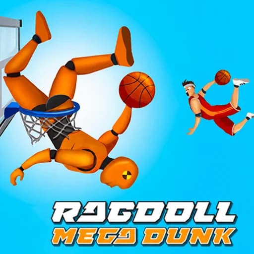 Ragdoll Mega Dunk thumbnail showing a crash-test dummy ragdoll dunking a basketball upside down