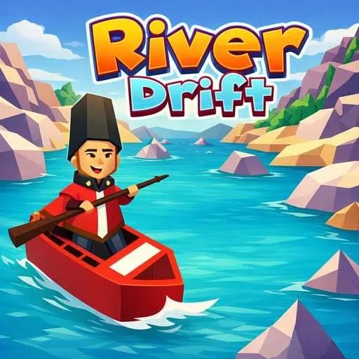 River Drift thumbnail showing a tiny boat drifting around a bend on a winding blue river